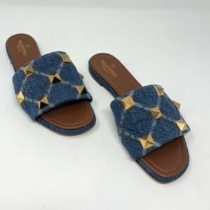 Valentino Garavani Roman Stud Flat Slide Sandal In Quilted Denim size 37.5